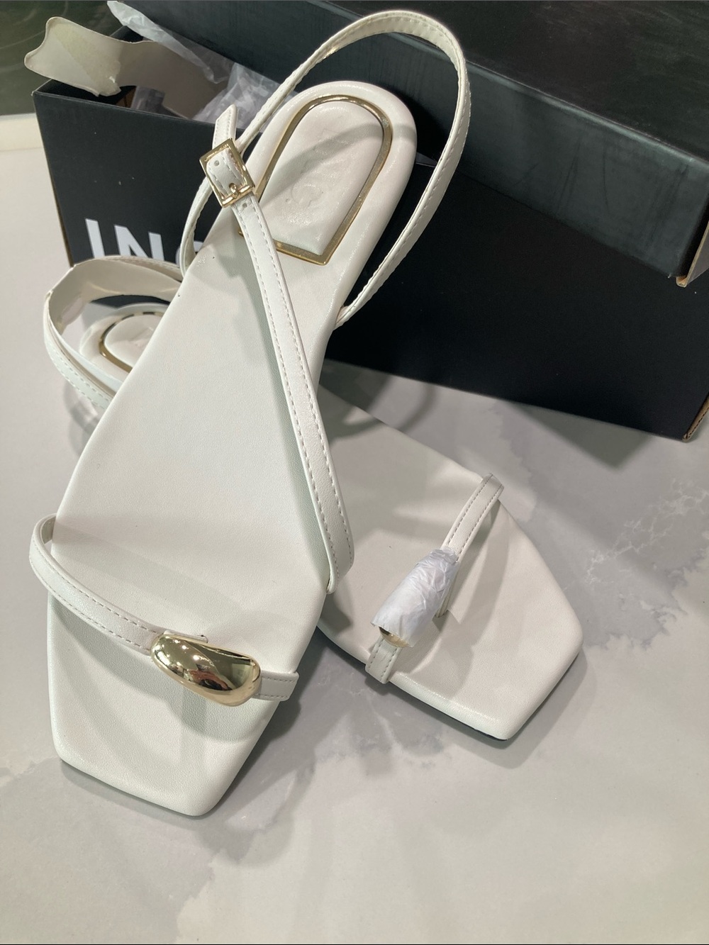 White Strappy Square-Toe Ring Sandals